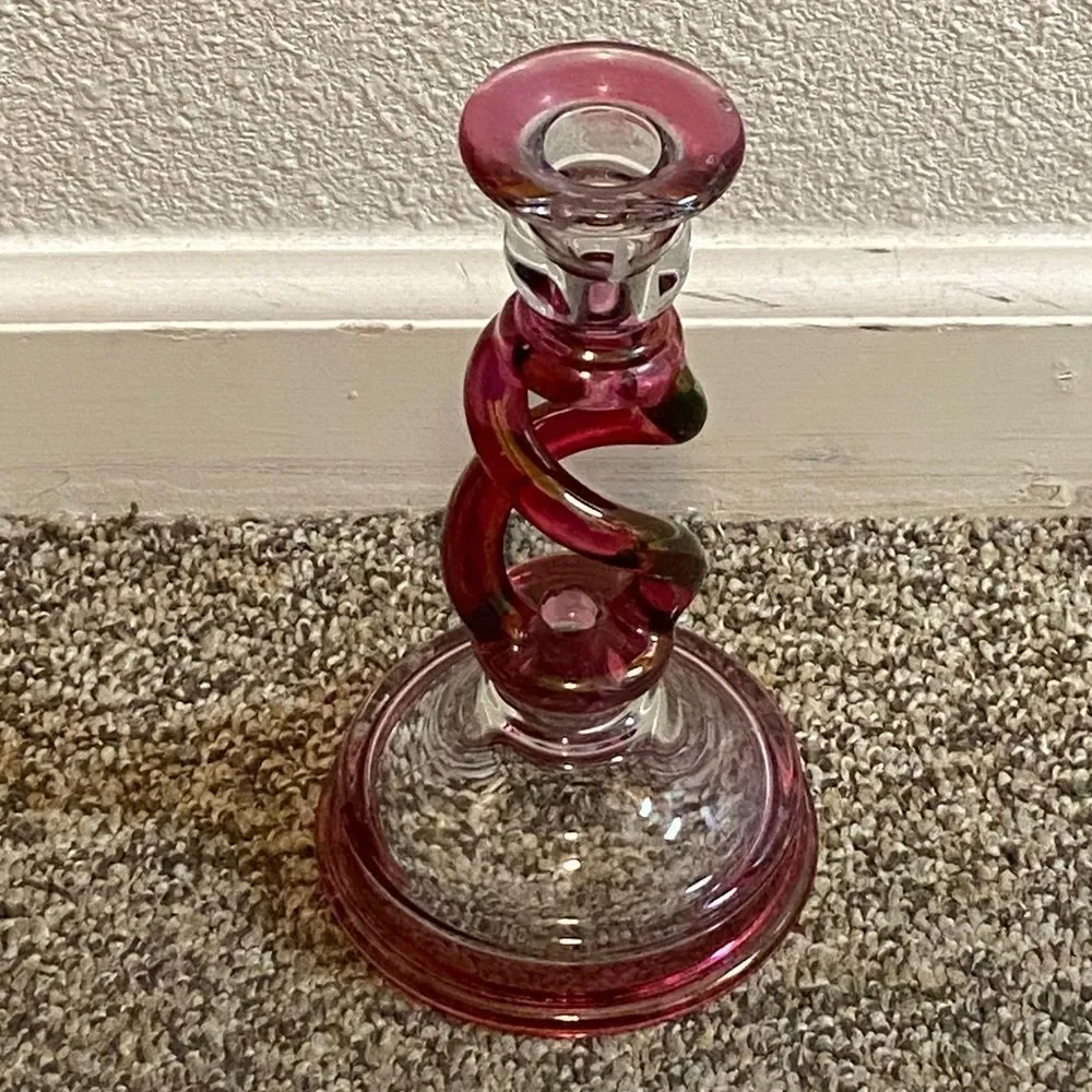 VTG,Pink Twisted Stem Tiffin Glass Candle Holder